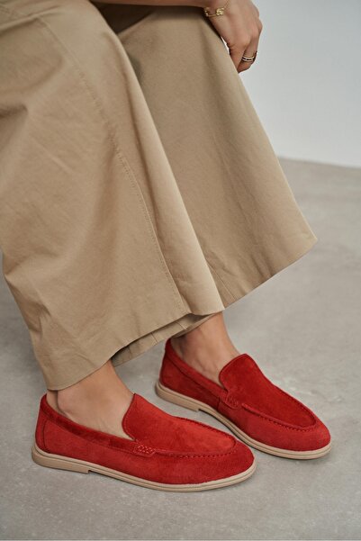 NİŞANTAŞI SHOES Nada Red Genuine Suede Flat Sole Women's Loafers