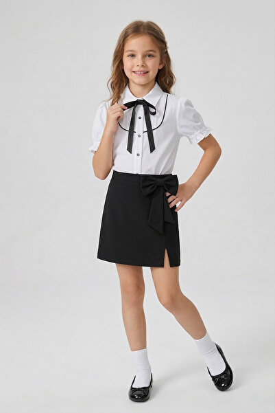 nacar çarşı Girl's Black Piped Shirt with Bow Black Skirt April 23 October 29...