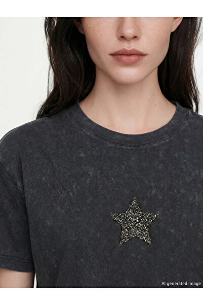 LC Waikiki Blue Crew Neck Star Embroidered Women's T-Shirt