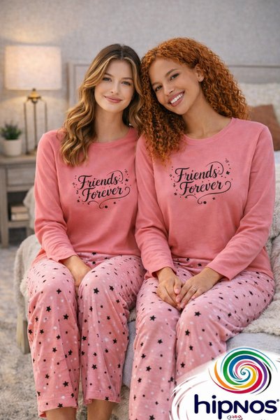 Hipnos Pink Friends Forever Printed 100% Cotton Long Sleeve Pajama Set Alt Yıldız Printed