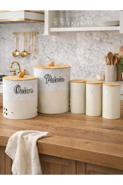 decorev 5 Parça Bambu Kapaklı Metal Patates & Soğan Saklama Kovası ve Çay Kah...
