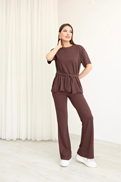 Elit Women's Modal Fabric Crew Neck Tie Detail Short Sleeve Top and Bottom Set