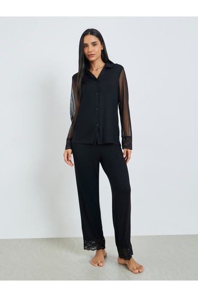 Styli Black Lace Trim Shirt and Pyjama Set