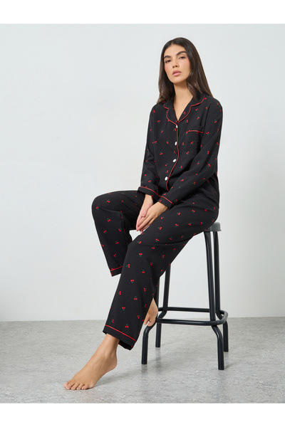 Take Two By Styli Black Cherry Print Shirt and Pyjama Set
