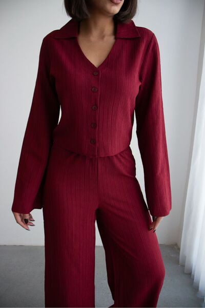 Ded COLLECTION Women's Crinkle Fabric Button Shirt and High Waist Wide-Leg Pa...