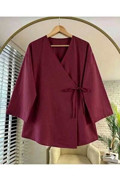 Giyim Gezegeni Burgundy Double-Breasted Collar Hijab Tunic – Side-Tie Oversiz...