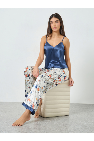 Take Two By Styli Navy Blue Satin Cami and Printed Pyjama Set