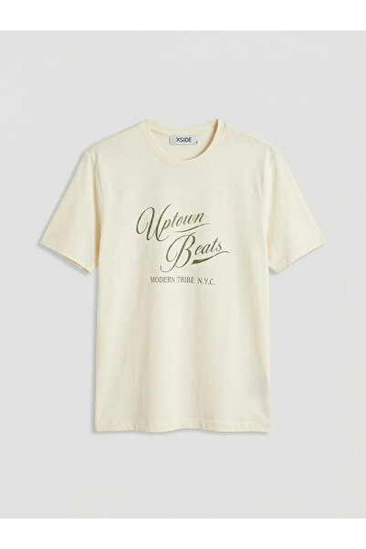 LC Waikiki Beige Crew Neck Nyc Printed Combed Cotton Men's T-Shirt