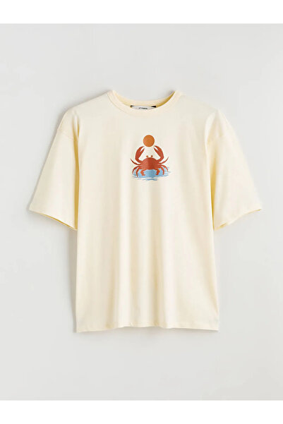 LC Waikiki Tricou de damă bej guler rotund cu imprimeu supradimensionat