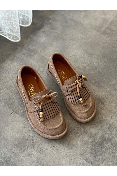 ERVANIN BUTİĞİ Vizon Süet (Shake) Saraçlı Boncuk Detay Kadın Loafer