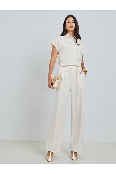 Styli Beige Short Sleeve Shirt and Wide Leg Pants Set