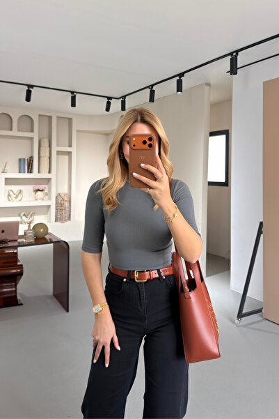 Sezgi Tekin Premium Series Crew Neck Half Sleeve Anthracite Basic Blouse