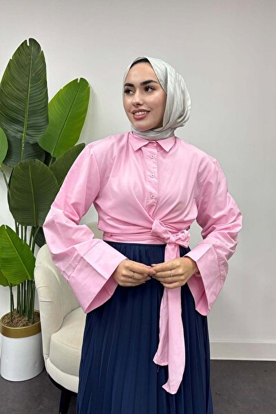 Tesettür Diyarı Ženska košulja sa detaljnim trakama - roza