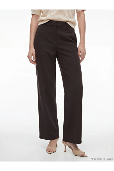 LC Waikiki Καφέ ψηλόμεσο γυναικείο παντελόνι με φαρδιά μπατζάκια