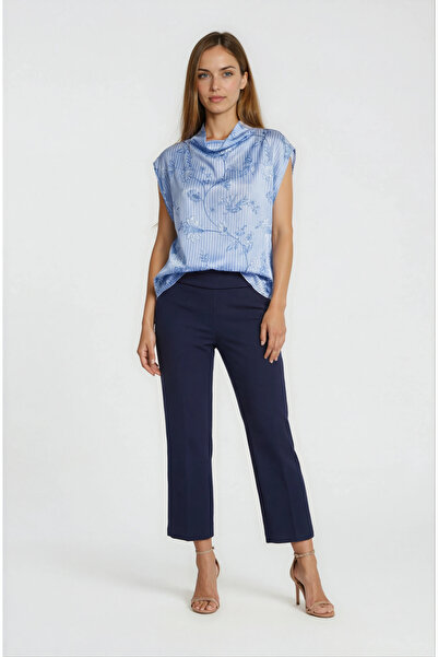 Spazio Dik Yaka Çiçekli Rahat Kesim Bluz MAVİ