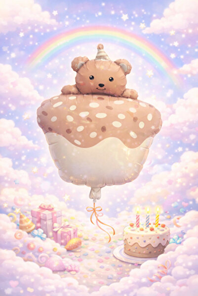 Happyewent Cute Teddy Bear Cupcake Foil Balloon – Birthday Themed