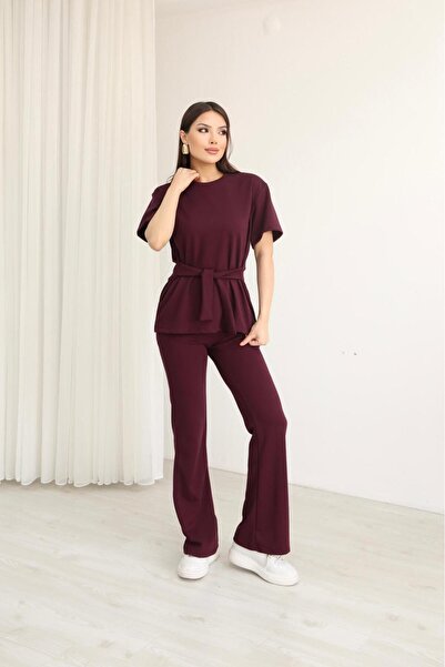 Elit Women's Modal Fabric Crew Neck Tie Detail Short Sleeve Top and Bottom Set