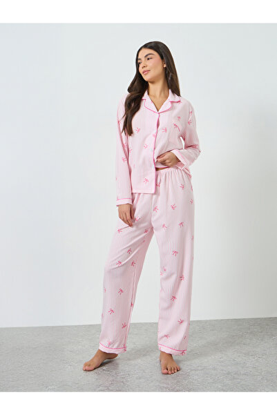 Take Two By Styli Pink Striped Bow Print Shirt and Pyjama Set