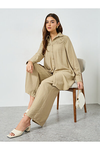Take Two By Styli Beige Lace Detail Longline Shirt and Pants Co-Ords