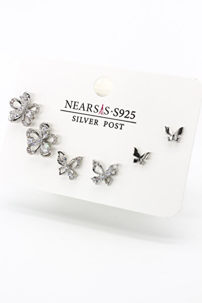 Nearsis Set of Six Flower Butterfly Earrings with Zircon Stones