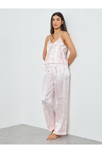 Take Two By Styli Light Pink Floral Satin Cami and Pyjama Set