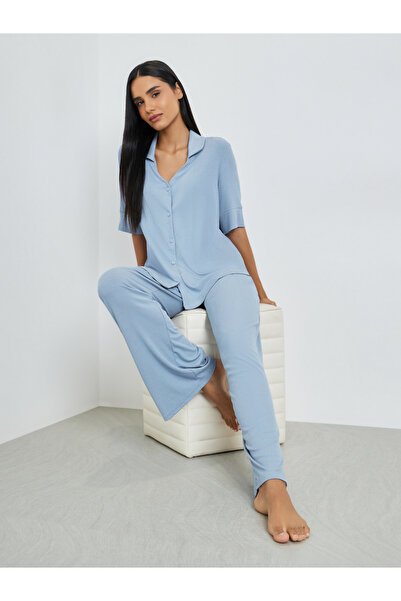 Styli Blue Viscose Ribbed Buttoned Shirt and Pyjama Set