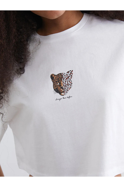 LC Waikiki Λευκό πουλόβερ με λαιμόκοψη Με λεοπάρ τύπωμα oversized Γυναικείο Κ...