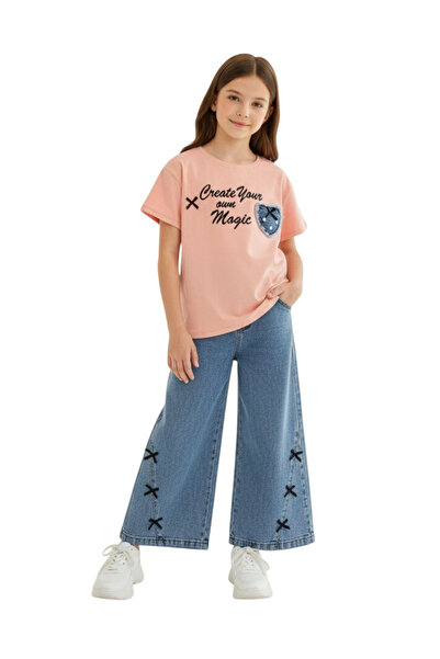 NURTOPU Κοριτσίστικο τζιν σετ καλοκαιρινό κοντομάνικο μπλουζάκι και παντελόνι...