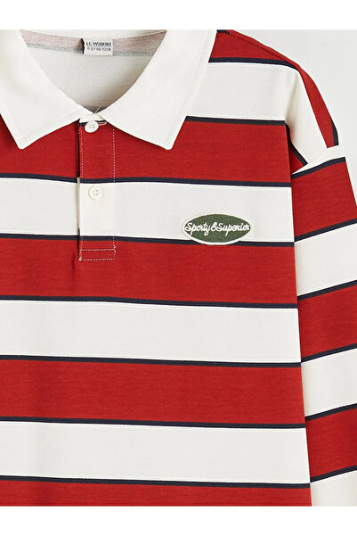 LC Waikiki Πορτοκαλί αγορίστικο μακρυμάνικο μπλουζάκι με ριγέ λαιμόκοψη πόλο