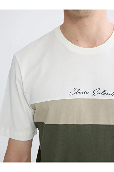 LC Waikiki Ανδρικό μπλουζάκι Ecru Crew Neck αντίθεση χρωμάτων από χτενισμένο ...