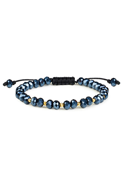 One Gold Bracelet with 7 beads 14K Gold "585" and Blue Crystals, adjustable