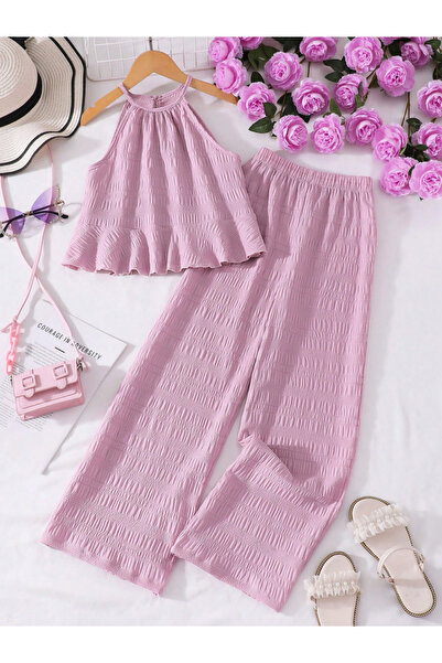 Take Two By Styli Girls Lilac Texture Sleeveless Top and Elasticated Waistban...