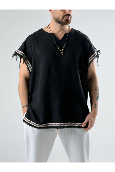 COCOPELLI Striped Detail Black Men's Bohemian T-Shirt Coc2967