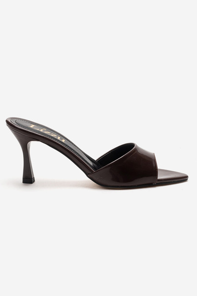 Lizzu Women's Brown Patent Leather Pointed Toe Heels Slipper - Leni Daily Sty...
