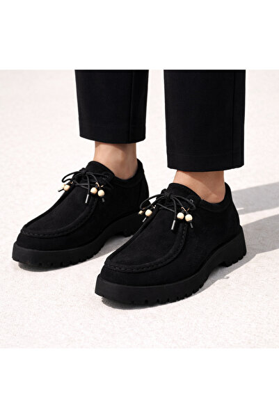 defile ayakkabi Black Suede Thick Sole Lace-Up Casual Shoes