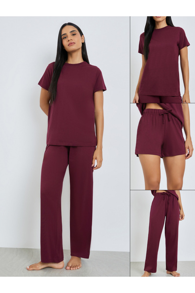 Styli Burgundy Short Sleeve T-Shirt with Shorts and Pyjama Set