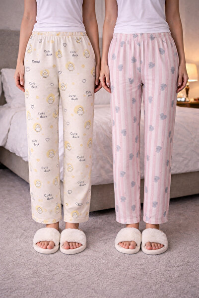 MODABOX 100% Cotton Combed Single Jersey Double Set of 2 Women's Pajama Bottoms