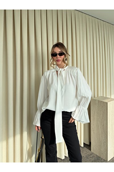 Laluvia White Ruffle Detail Padded Shoulders Blouse - 1016