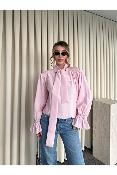 Laluvia Pink Ruffle Detail Padded Shoulders Blouse - 1016