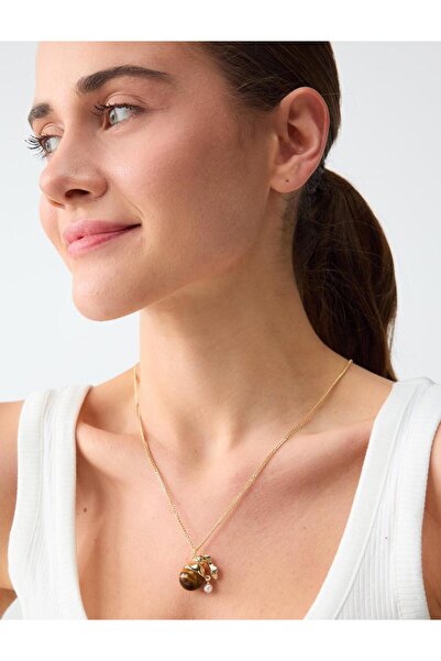 Jimmy Key Altın Rengi İnci Detaylı Büyük Boncuklu Ayarlanabilir Kolye