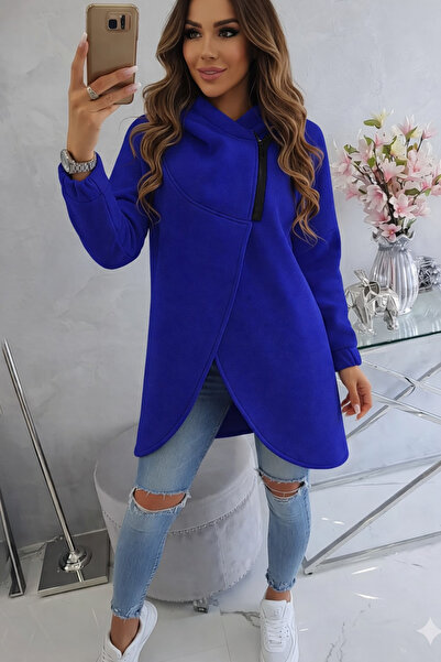Afri Blue Women's Asymmetrical Zippered Oversized Hooded Sweatshirt – Thick F...
