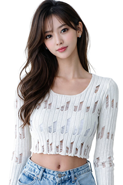 MODASPARK White Perforated Low-Cut Long Sleeve Women's Blouse