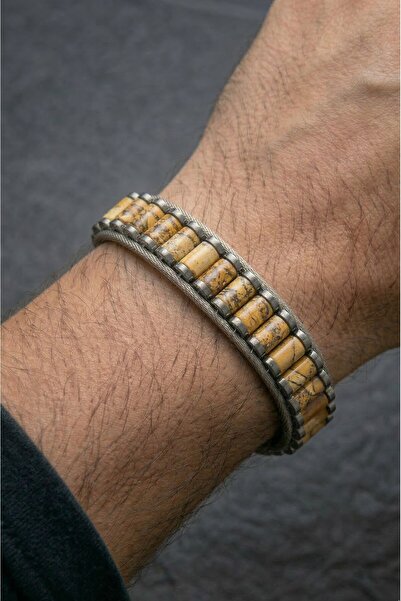 Perlavita Handmade Original Natural Stone Steel Men's Bracelet - Brown Jasper...