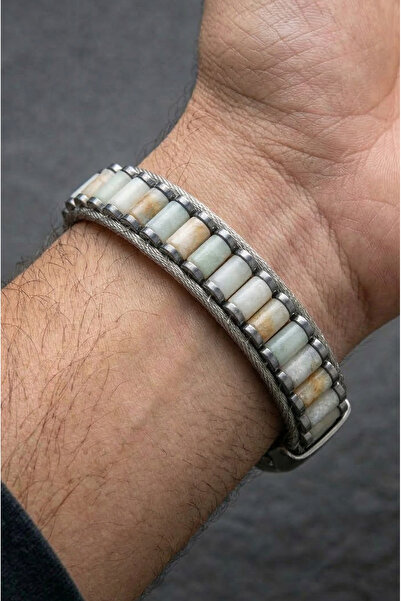 Perlavita Handmade Original Natural Stone Steel Men's Bracelet - Amazonite Sp...