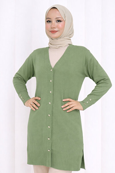 benguen Buttoned Long Mercerized Cardigan N3176 Çağla