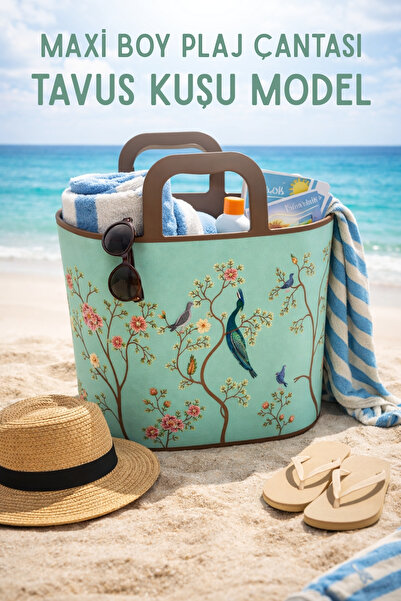 Nandy Home Maxi Boy Silikon Plaj Çantası – Tavus Kuşu Desenli, Ekstra Geniş H...