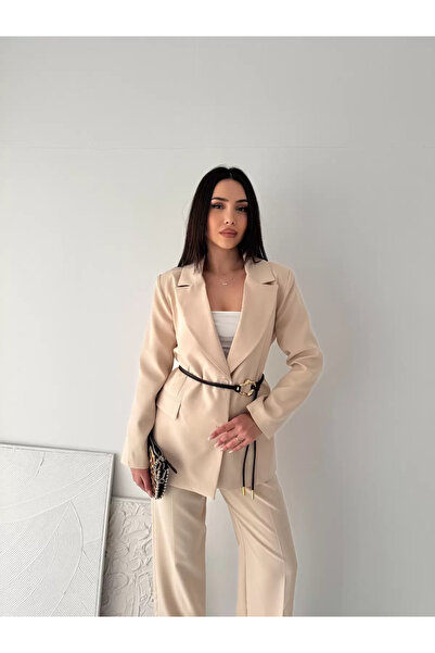 Coşkun GİYİM Women's Belt Pack Double Button Jacket Stone 4619