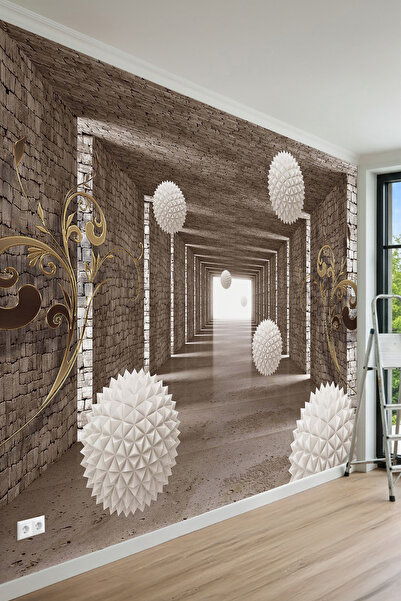 MİRAZAWALL Tuğla Duvarlı Koridor ve Geometrik Küreler Desenli Tek Parça Tekst...