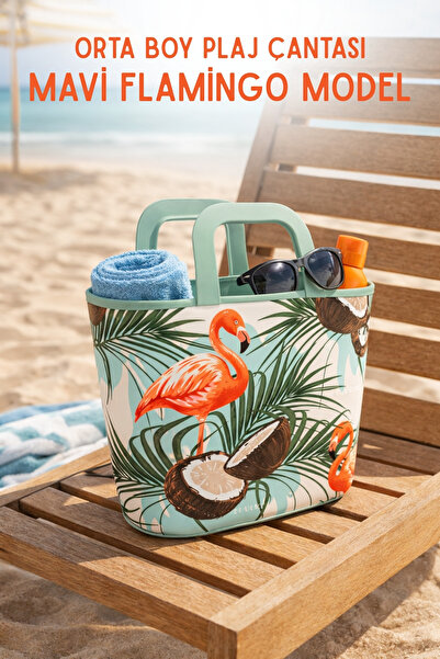 Nandy Home Orta Boy Silikon Plaj Çantası – Mavi Flamingo Desenli, Geniş Hacim...