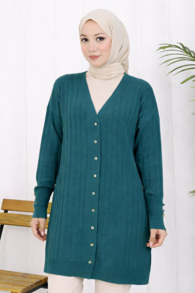 benguen Kendinden Striped Long Mercerized Cardigan N3179 Petrol